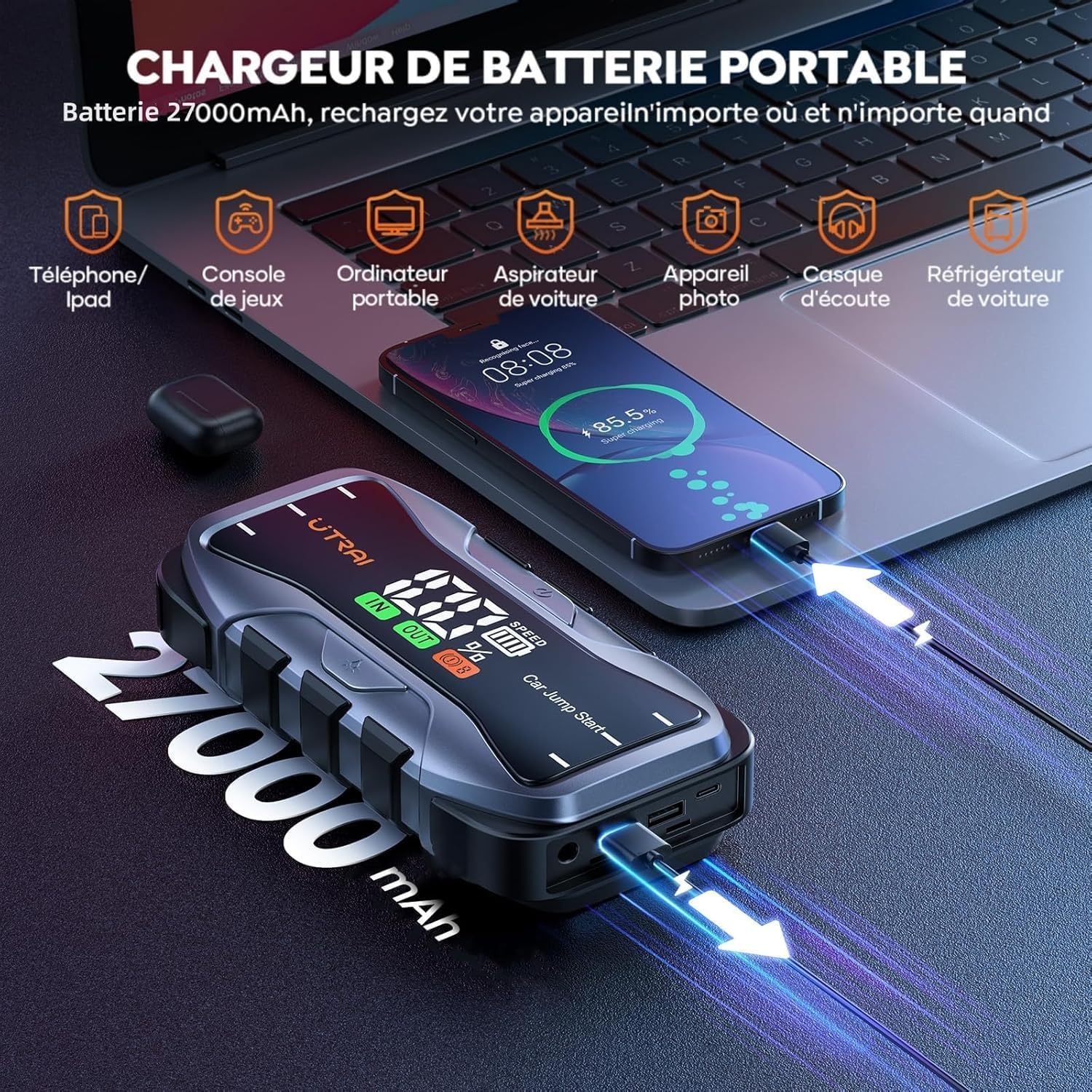 Booster Batterie Voiture 6000A | Démarrage Instantané 12V