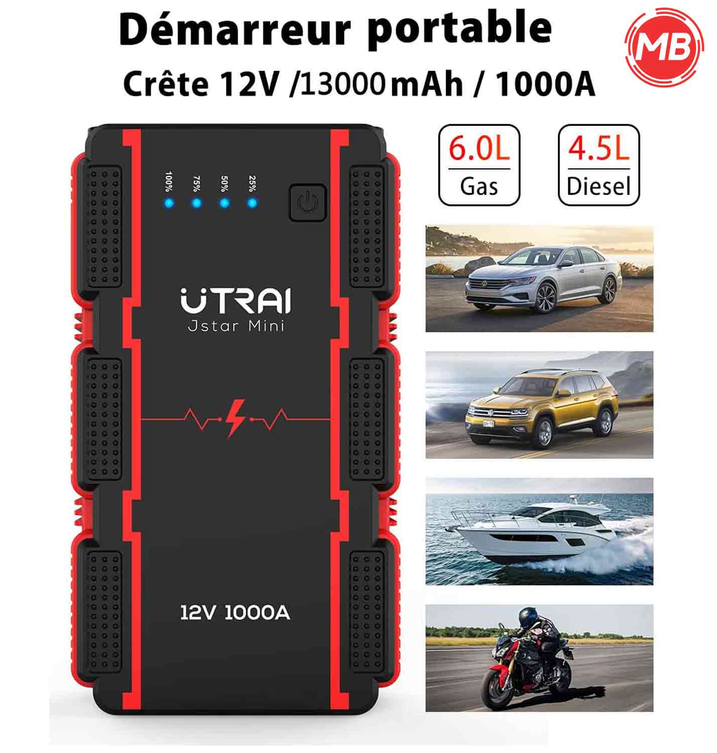 Booster Batterie Moto 1000A | Puissance Démarrage Rapide